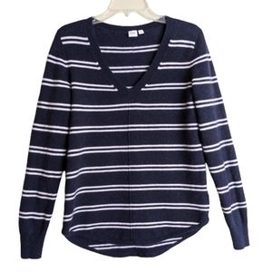 Gap Sweater Navy Blue White Stripe Es V-neck Wool Size Medium Coastal